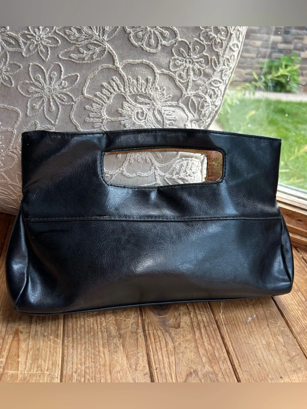 Black Faux Leather Handheld Clutch Bag